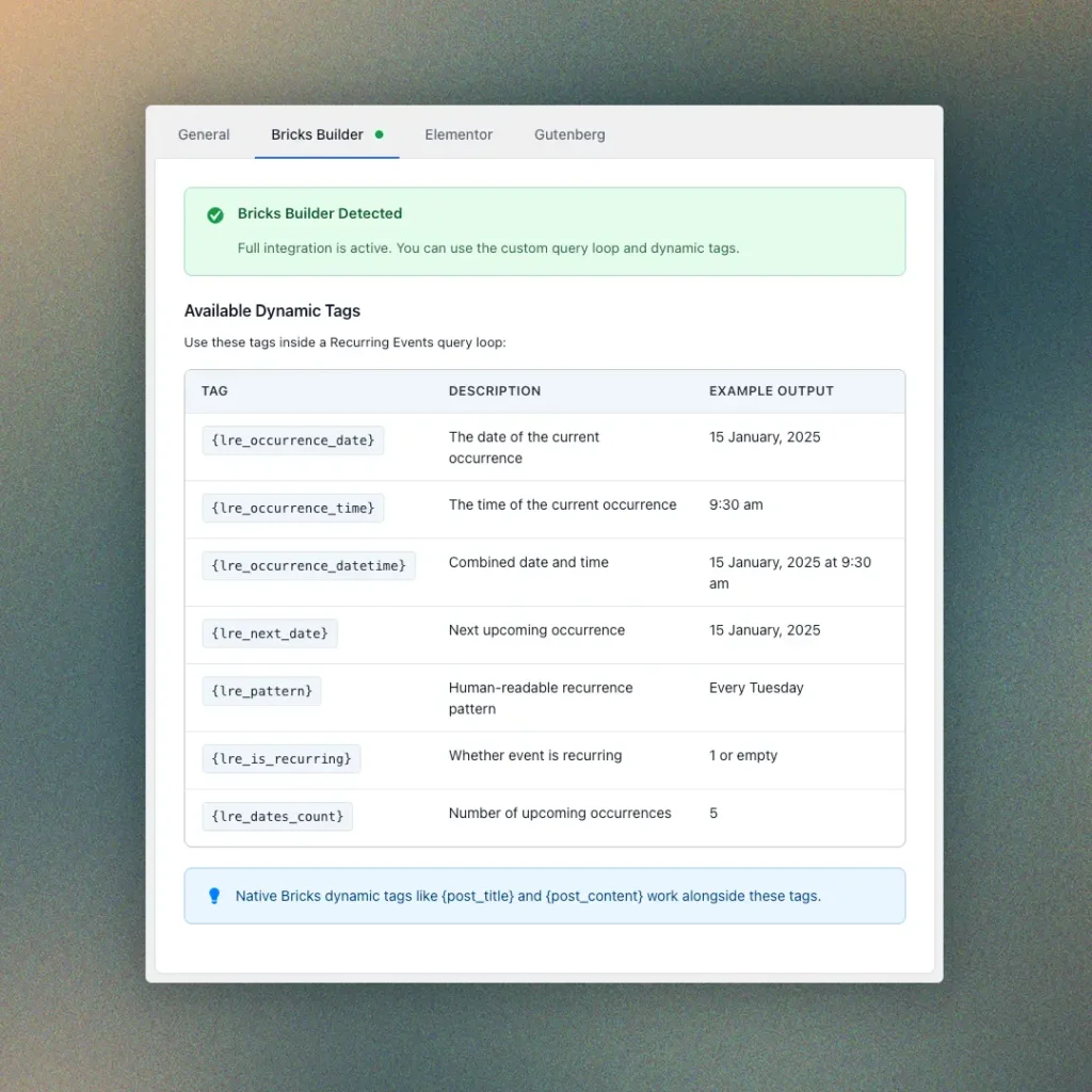 Recurring events wordpress plugin builder detection UI